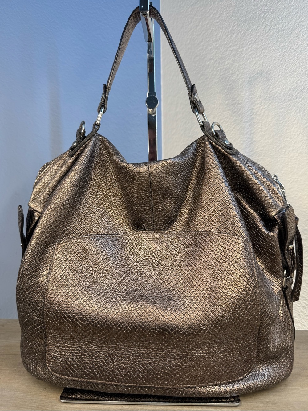GIANNI NOTARO Metallic Bronze Leather Snake Embossed Hobo Made in Italy
